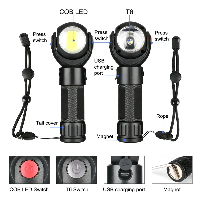 SANYI 3800LM USB аккумуляторная батарея 18650 портативный фонарик T6 COB 7 режимов Лампа для рабочего освещения