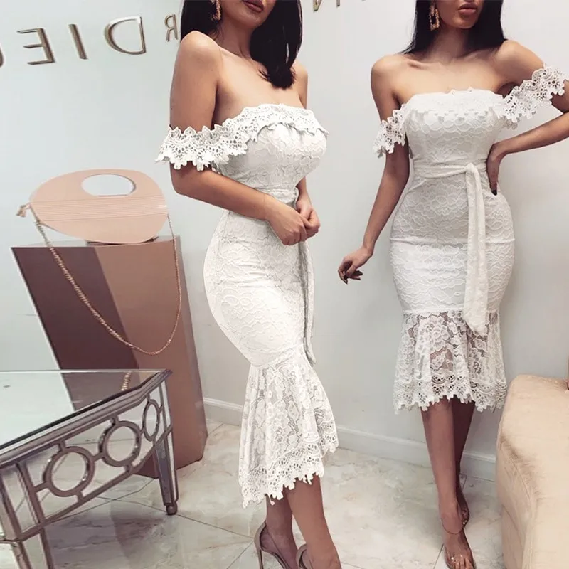 White NATTEMAID Кружевное облегающее платье с открытыми плечами, женские сексуальные летние платья на шнуровке,, элегантное вечернее платье с открытыми плечами, vestidos - Color: White