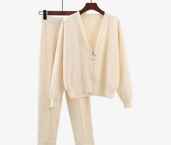beige Новинка осени, Женский комплект 2 шт. спортивные костюмы, вязаный кардиган+ штаны длиной до щиколотки, спортивная одежда, женский спортивный костюм - Цвет: beige