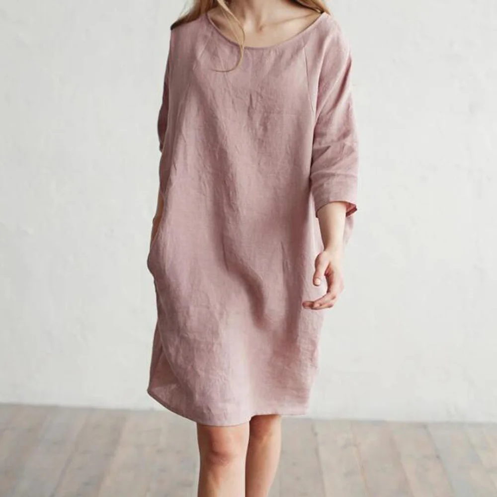 Женское платье рубашка из хлопка и льна винтажное повседневное свободное кафтан