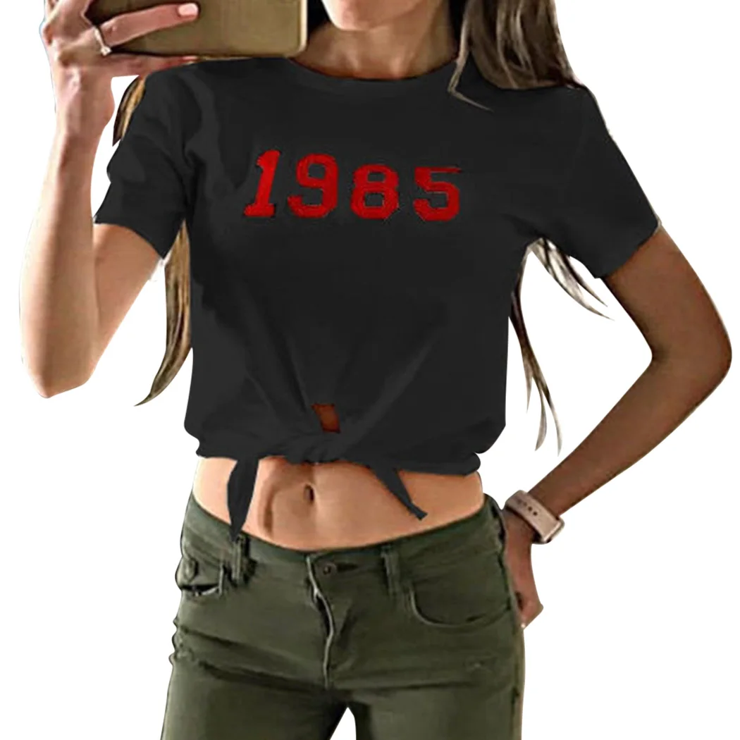 Пикантные Up Crop Top Для женщин Летняя футболка модные с принтом букв короткий рукав