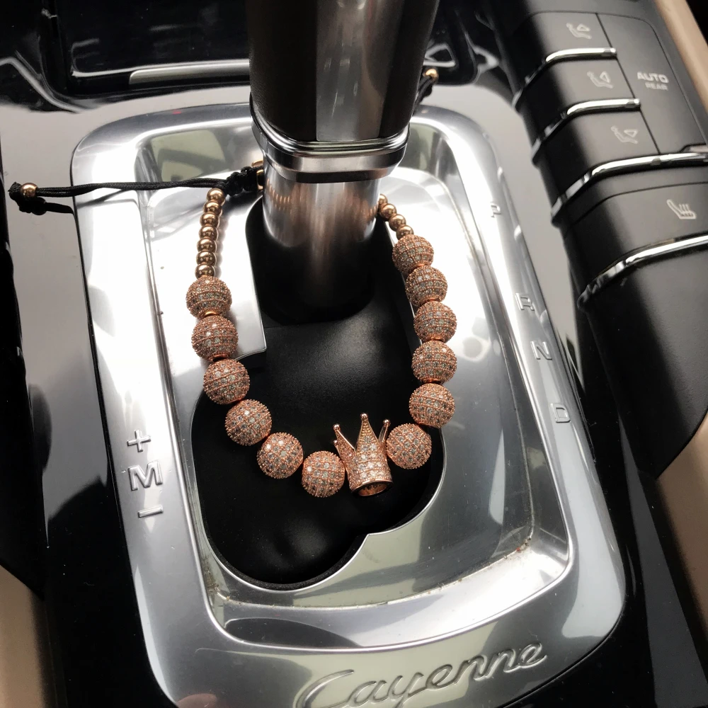 Men Bracelet/Rose Gold/Bracelets Pave Setting White CZ Ball Bracelet with 6mm 8mm Stainless Steel Bead Braided Luxury Jewelry