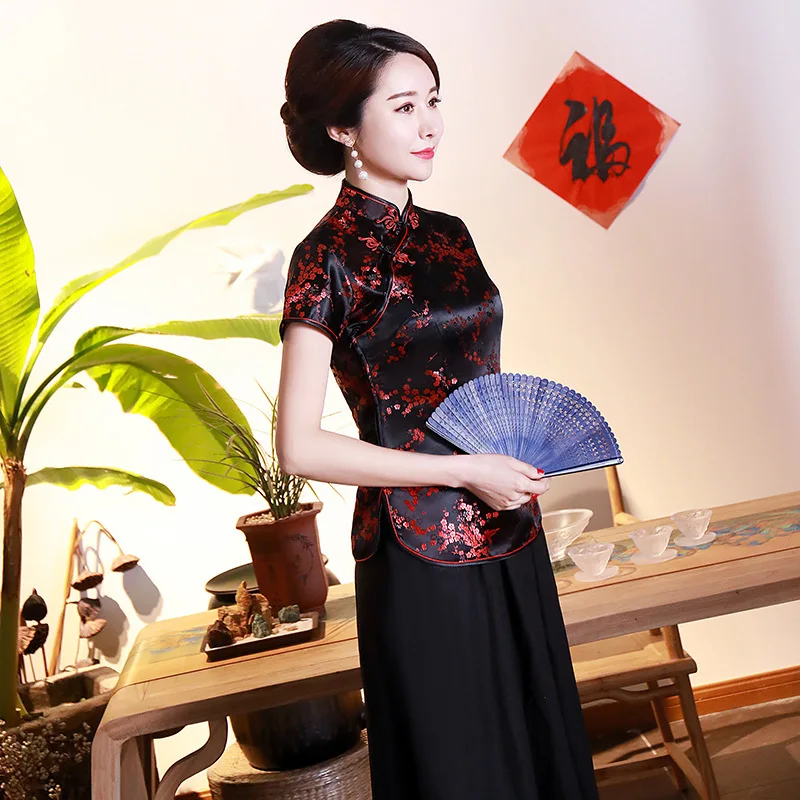 SHENG COCO 4XL 10 цветов китайские Топы Qipao рубашки сливы с цветочным узором Топы Cheongsam атласные летние женские черные красные розовые