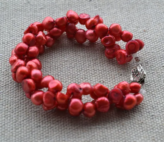 

Genuine Freshwater Pearl Bracelet.7inches AA 6-7MM Red Baroque Pearl Jewellery,New Free Shipping