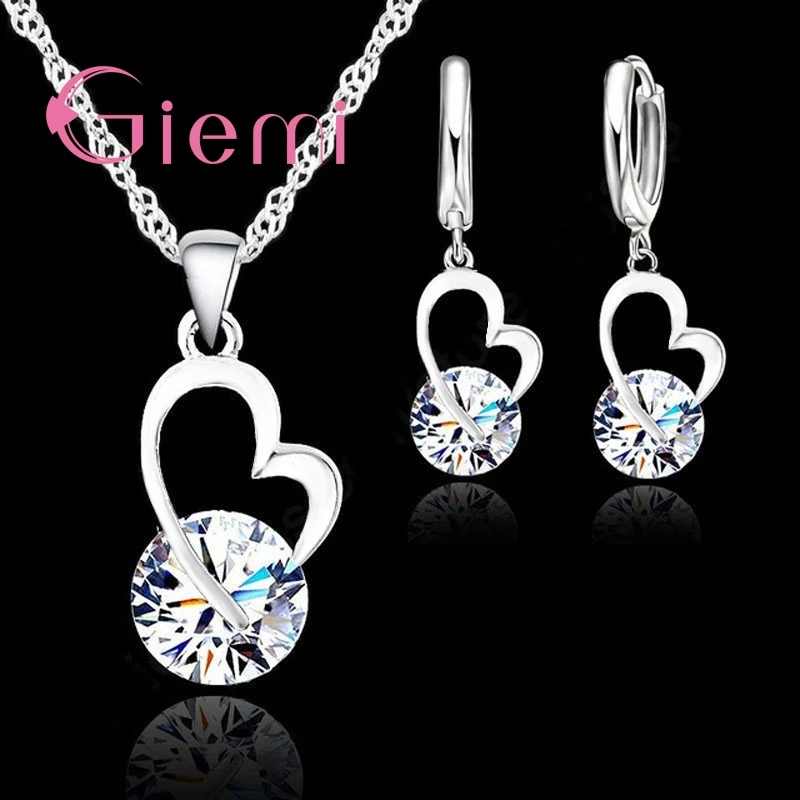 

Elegant Heart Wedding Jewelry Set For Women 925 Sterling Silver Anniversary Gift Charm Pendant Necklace Hoop Earrings