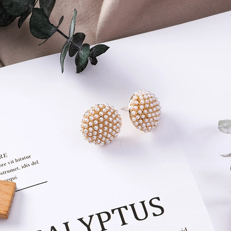 Женские серьги-гвоздики из серебра 925 пробы с круглыми кнопками и полным жемчугом