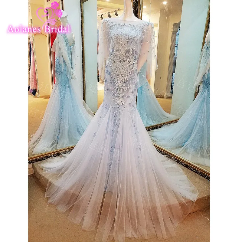 2015 Robe De Soiree светло-Синяя Русалка Аппликация вечернее платье без рукавов с