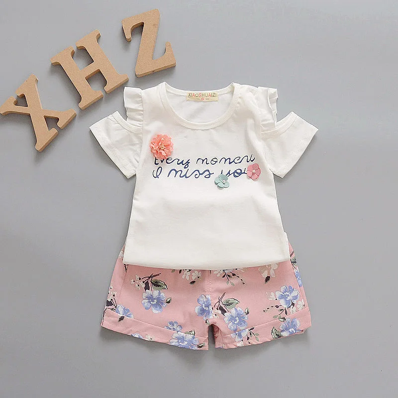 Одежда для маленьких девочек летняя футболка с открытыми плечами + шорты