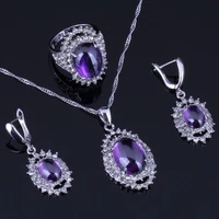 shining huge oval purple cubic zirconia white cz silver plated jewelry sets earrings pendant chain ring v0266
