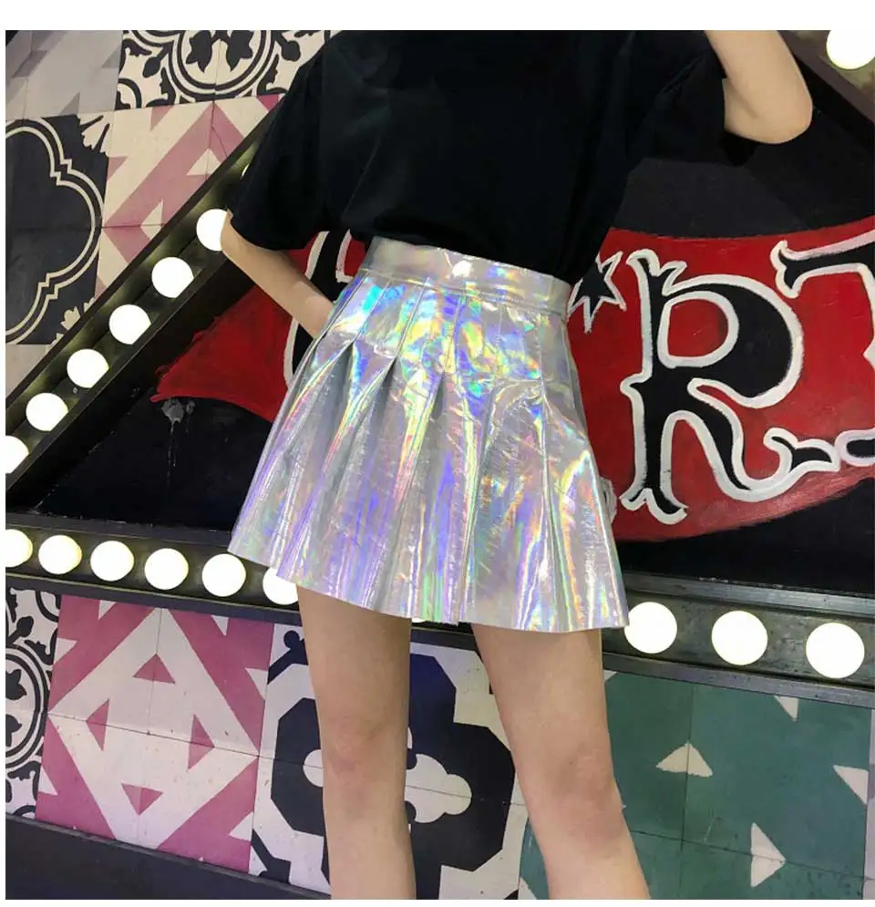 Женская мода Harajuku юбка в складку из искусственной кожи короткая голографическая юбка Уличная Сексуальная Высокая талия мини юбка для девочек