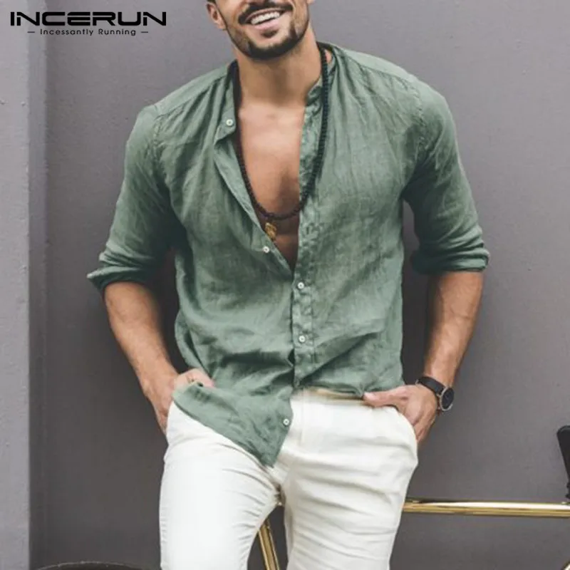 INCERUN Новая мужская рубашка воротник-стойка с длинным рукавом простая Camisa Masculina Уличная Повседневная шикарная Свободная рубашка мужская плюс размер