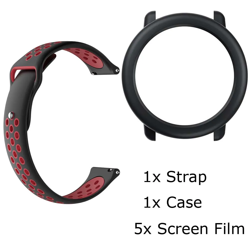 7/лот для Xiaomi Huami Amazfit Pace ремешок для часов браслет силиконовый Pulsera Correa Band защитный чехол Защитная пленка для экрана - Цвет: BlackRed-BlackCase