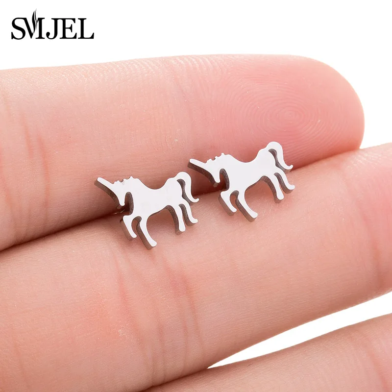 

SMJEL Unicorn Earrings Women Stainless Steel Jewelry Punk Lucky Animal Horse Stud Earring Piercing Christmas Gifts Girls