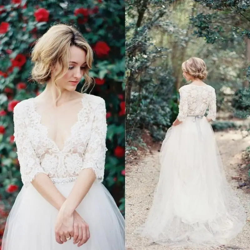 Модест 2017 Романтические Кружева Свадебные Платья с Половину Рукава Декольте