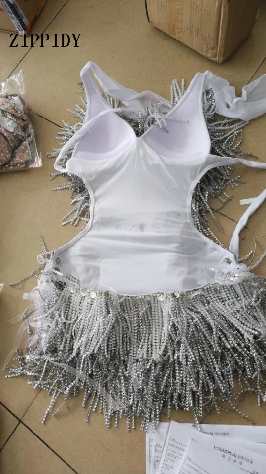 Блестящее серебряное боди с бахромой одежда для ночного клуба танцевальная
