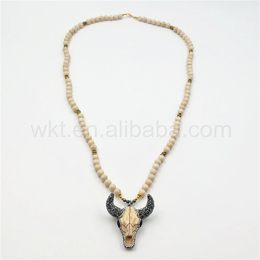 WT-N859 New 8mm Round Cream Fossil Beads Necklace With Natural Buffalo Horn Cattle Head Charm Pendant in 32 inch | Украшения и