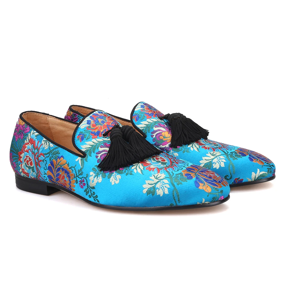 Piergitar brand 2019 new arrival Floral printing men loafers with big tassel wedding and prom men's silk shoes smoking slippers | Обувь