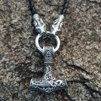 langhong nordic viking thors hammer necklace for men wolf head necklace jewelry talisman