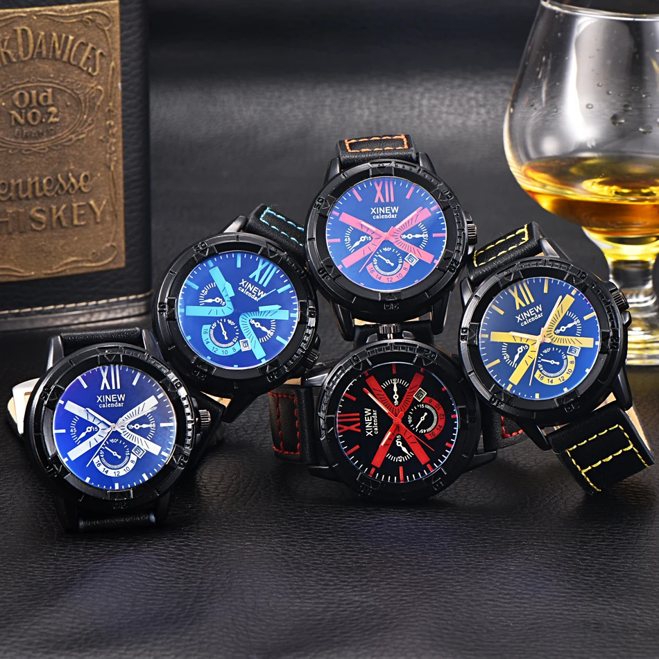 

Brand XINEW Cheap Leather Fashion Watches Men Laser Window Calendar Date Casual Quartz Watch Relogio Masculino Marca Original