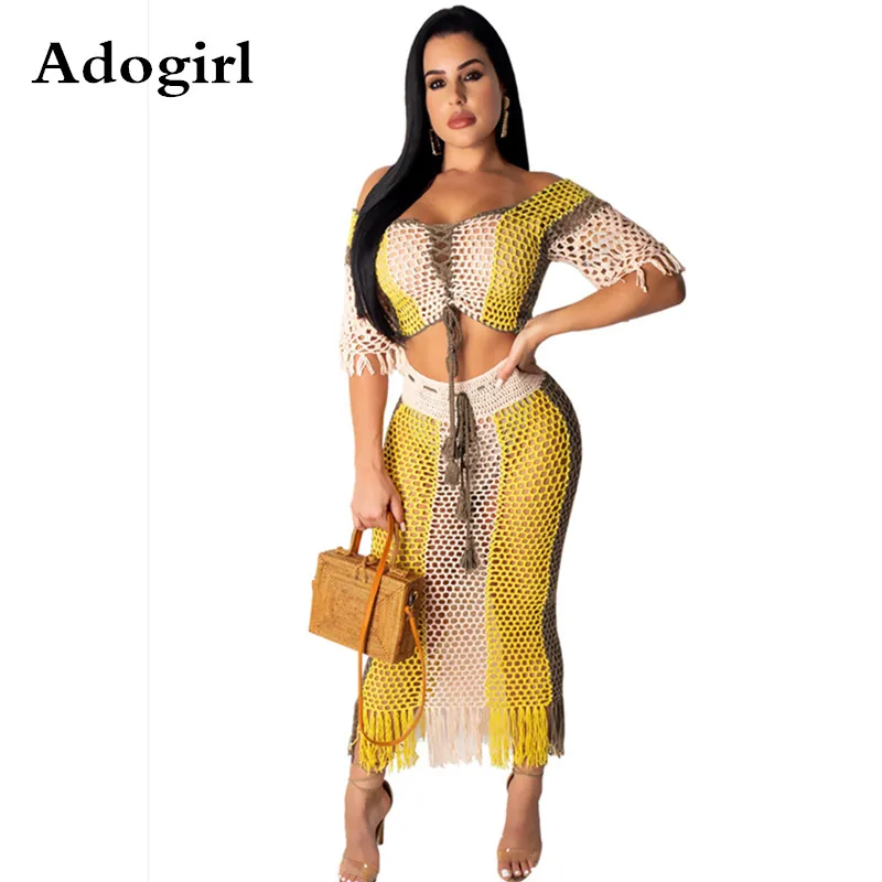 Красочный лоскутный костюм из 2 предметов с юбкой сеткой бахромой топ воротником