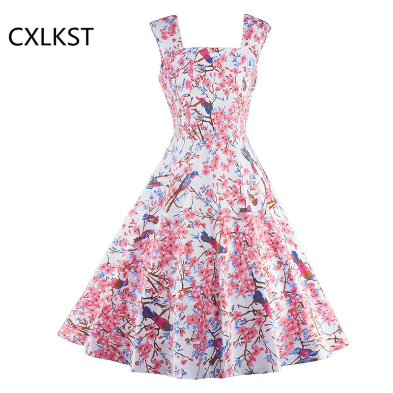 CXLKST Для женщин Лето рукавов Элегантный Винтаж 1950-х годов птица с цветочным