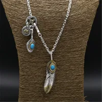 Real Solid 925 Sterling Silver Long Pendant Necklace Men Women Blue Natural Stone Vintage Indian Style Men Necklace Silver