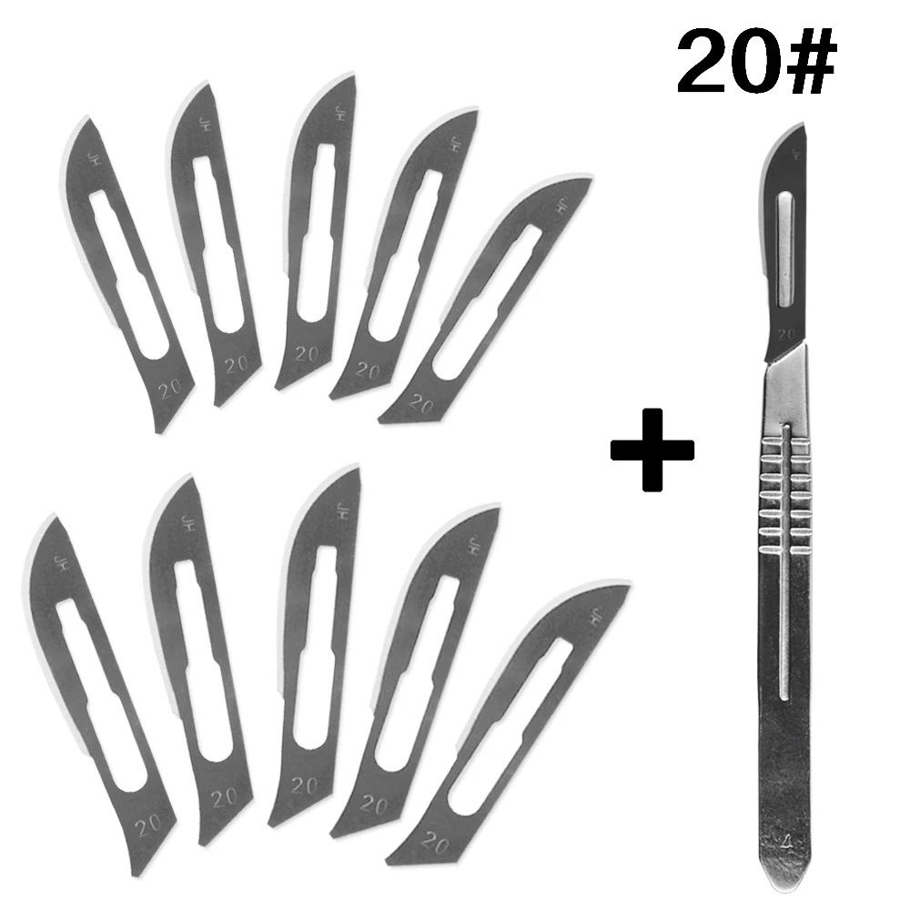20blade 10 шт. 20#- 23# углеродистая сталь хирургические скальпель лезвия+ 1 шт. 4# ручка скальпель Режущий инструмент для домашнего творчества PCB ремонт животных хирургический нож - Цвет: 20blade