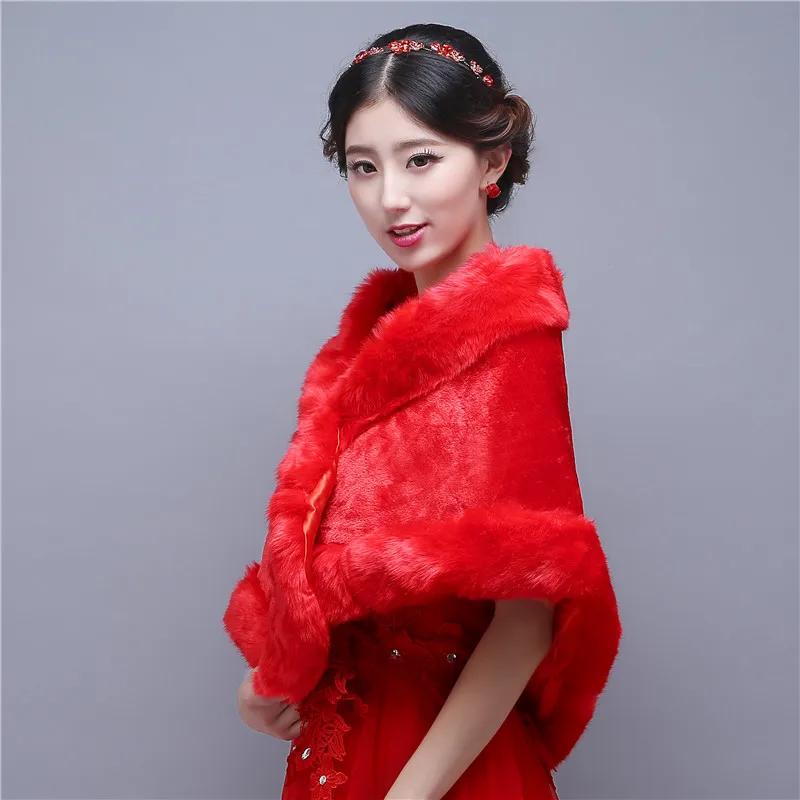 Красный Искусственного Меха Зимняя Свадьба Пальто Кабо Болеро Куртка Венчания