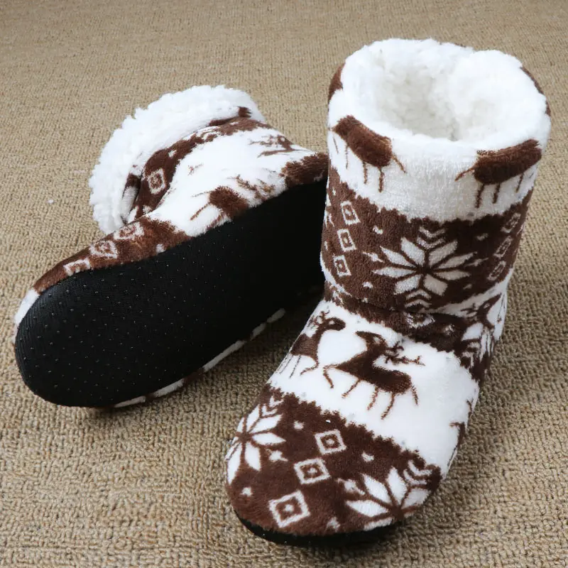 Brown Sock Shoes Зимние тапочки; женские домашние тапочки с рождественским оленем; домашние носки; теплые меховые тапочки с плюшевой стелькой; нескользящая подошва - Цвет: Brown Sock Shoes