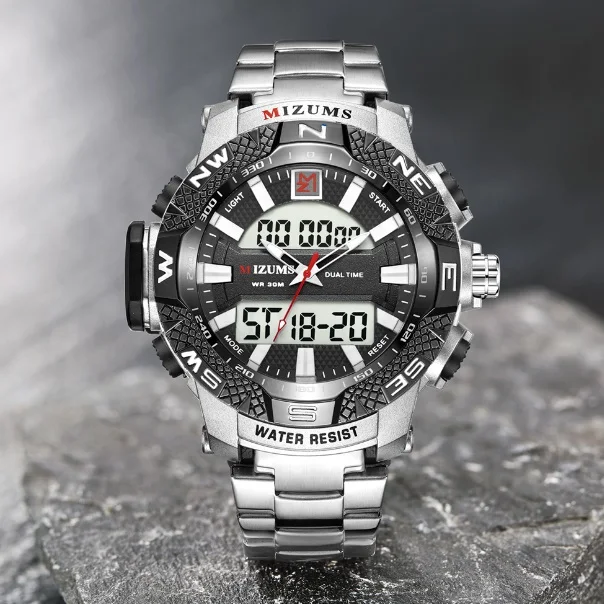 silver black Золотые мужские часы, светодиодный, цифровые, спортивные часы, мужские, водонепроницаемые, нержавеющая сталь, ремешок, люксовый бренд, Mizums, мужские кварцевые наручные часы XFCS - Цвет: silver black