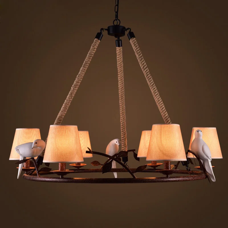 Кантри-кантри в стиле ретро Подвесная лампа из пеньковой веревки лампы с птицами