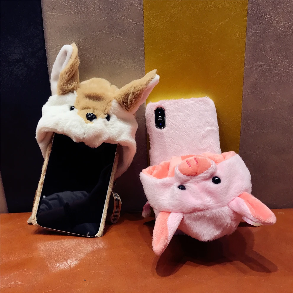 Lovely Animal Hat Cover For iPhone 6 6S 7 8 Plus X XR XS Max Fur Case Winter Warm Rabbit Pig Christmas |