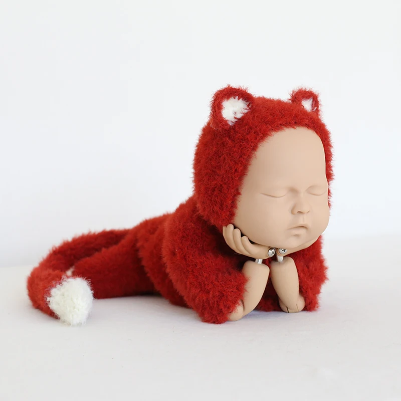 

Newborn Fox Outfit Crochet Knit Footed Romper Bonnet set Teddy Bear Overall hat Photography props