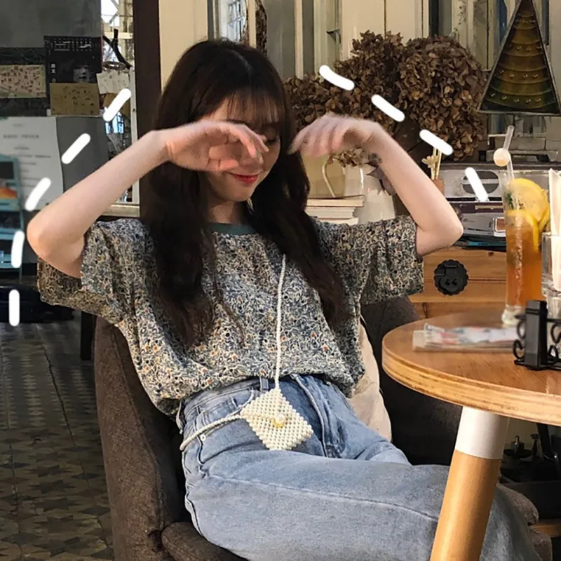 

New Women Velvet T-Shirt Print Small White Flowers Casual Short Sleeve O-Neck Summer Hot Tops Tees