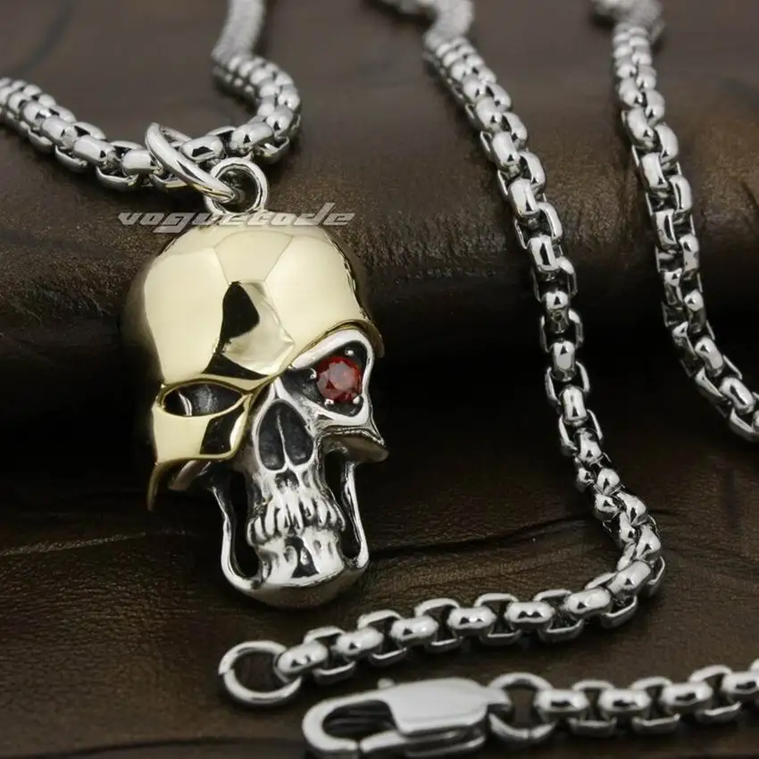 

LINSION Brass Hat Red CZ Stone Eye 925 Sterling Silver Skull Pendant 8Q010 Mens Biker Style