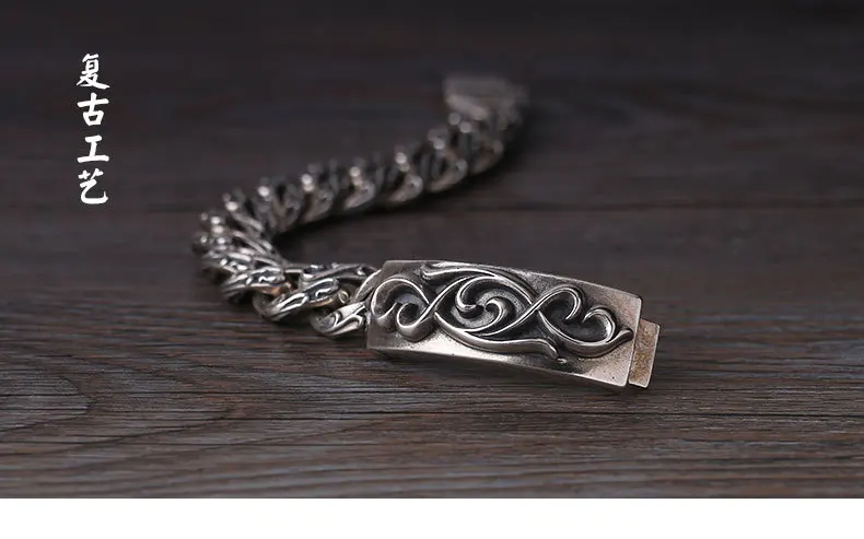 S925 стерлингового серебра Модный Ретро тайский серебряный мужской Tenghua индивидуальный тренд Браслет Широкий