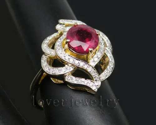 2.36Ct твердое 14Kt желтое золото натуральный бриллиант красный рубин обручальное кольцо