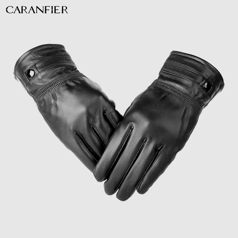 Мужские перчатки из натуральной кожи CARANFIER зимние теплые бархатные овечьей