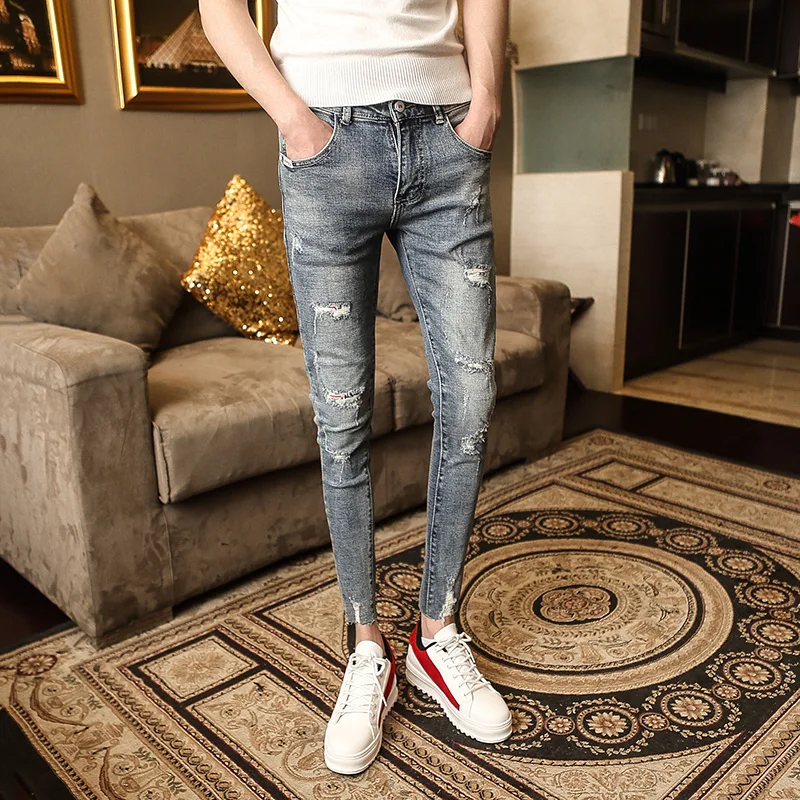 Мужские джинсы с дырками новые молодежные облегающие брюки отверстиями в