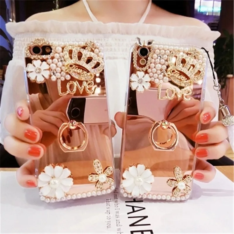 XSMYiss Mirror Pearl crown rhinestone Shiny case For iPhone 11 Pro Max 5 5S 6 6S 7 8 Plus X XS XR Smart Phone cover holder |