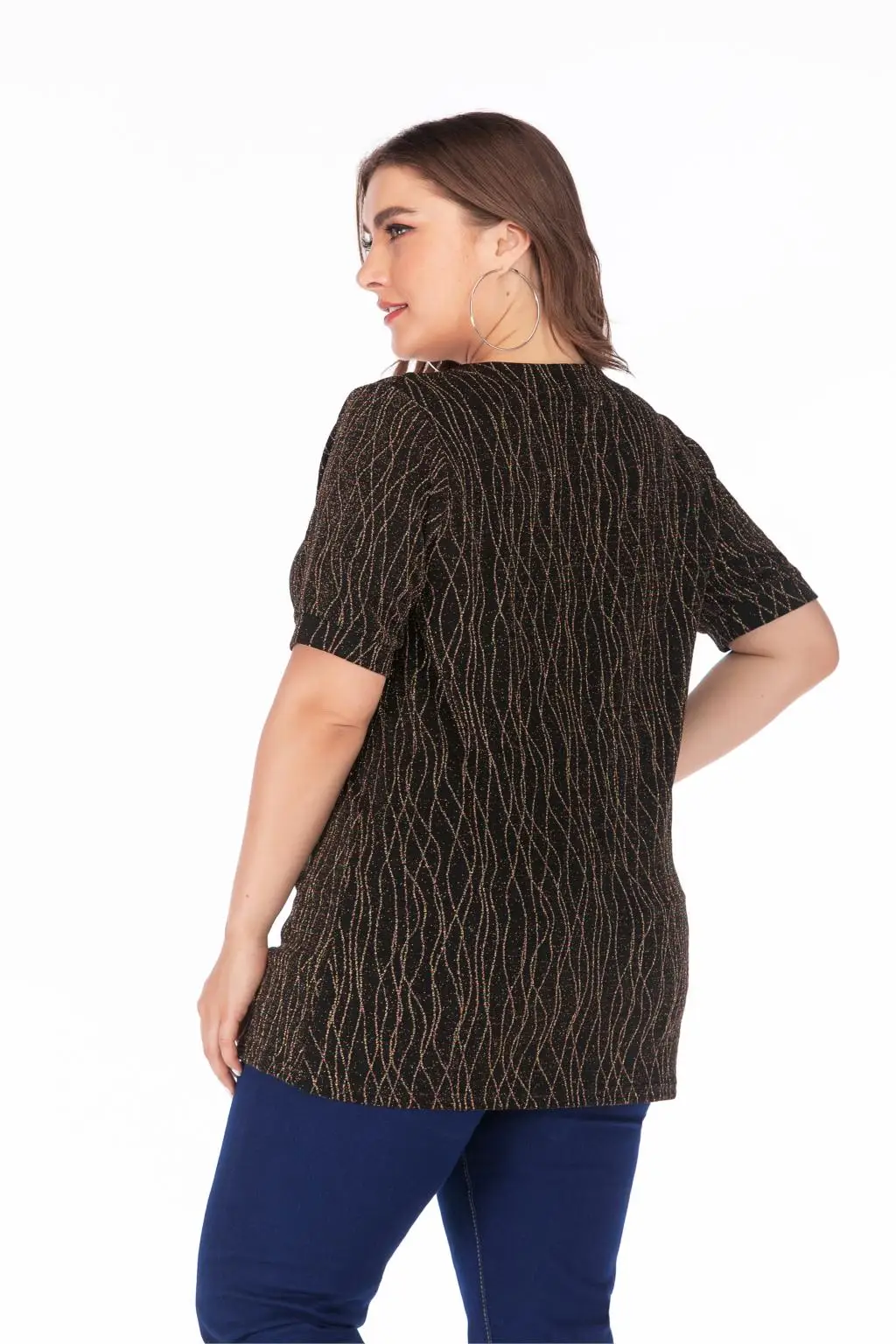 5XL размера плюс, женская блузка, рубашка, летняя, с круглым вырезом, с коротким рукавом, с блестками, элегантная, стрейчевая, свободная, более размера d, Женская туника, топы