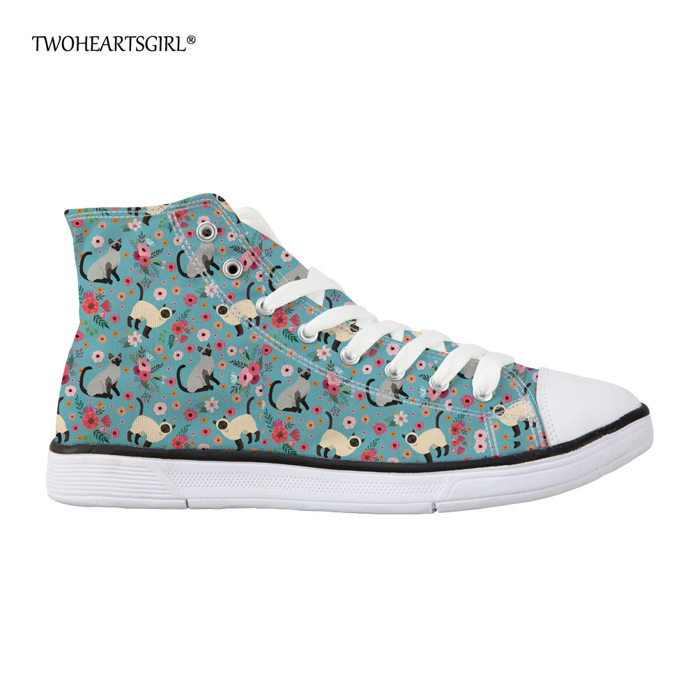 

Twoheartsgirl Cute Siamese Cat Pattern Canvas Shoes High Top Lace Up Vulcanize Shoes Casual Women Flats Street Walking Shoes