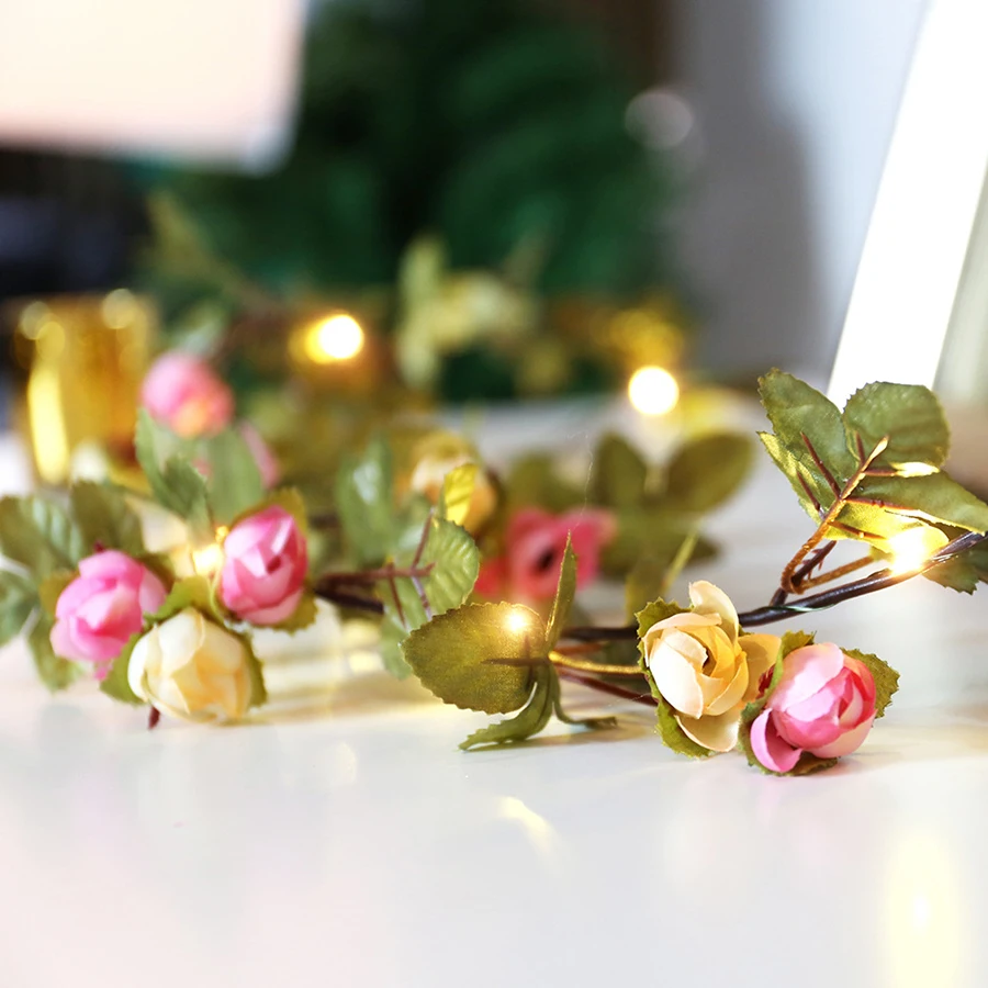Thrisdar 2M 5M Christmas Copper LED Fairy String Light DIY Artificial Silk Rose Flower Vine Leaves Garland Wedding Decoration | Лампы и