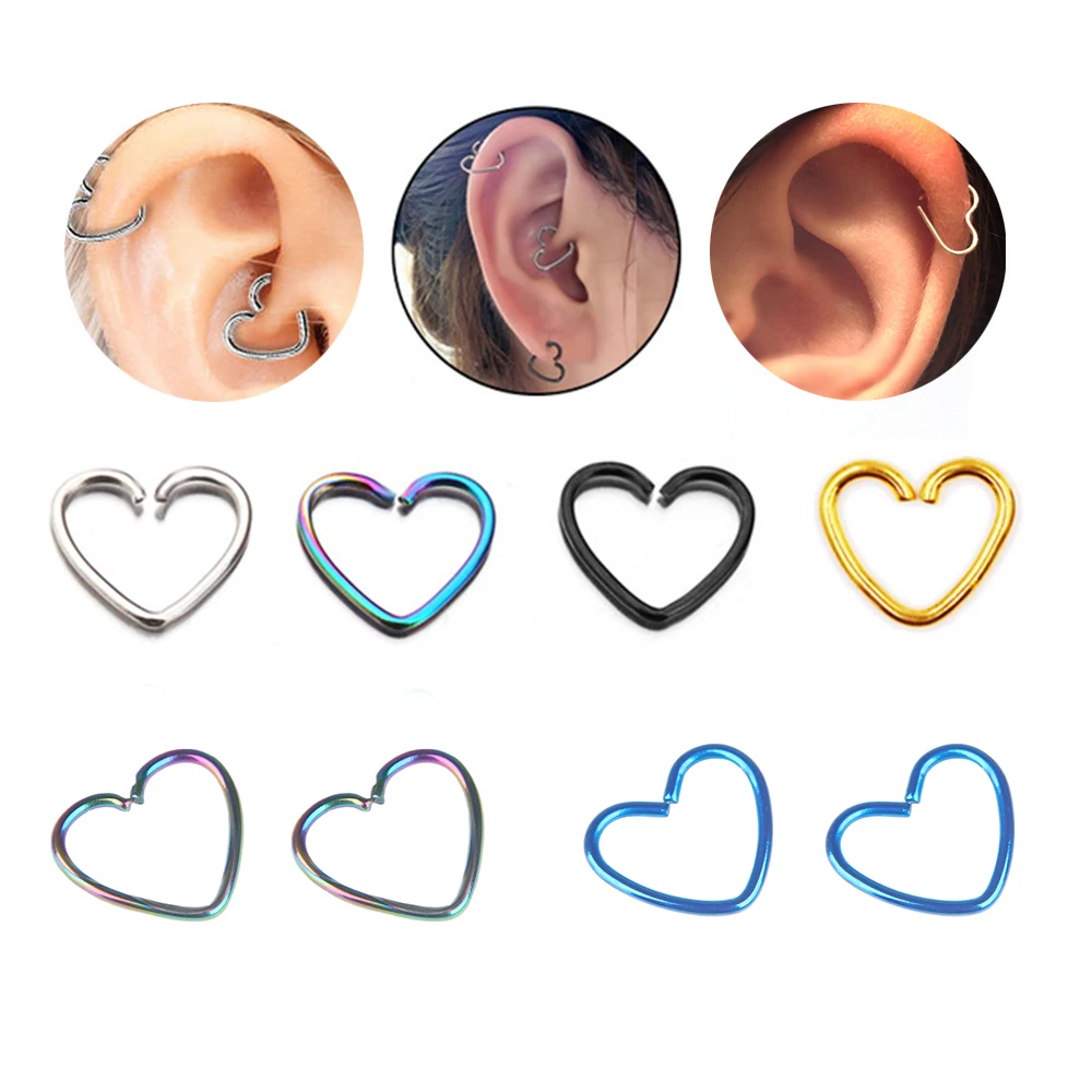 2pcs or 1pc Surgical Steel Daith Heart Ear Nose Ring Cartilage Tragus Piercings Hoop Lip Nose Ring Orbital Ear Stud Body Jewelry