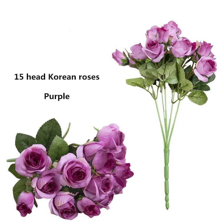 purple Корейский стиль, 15 голов, искусственный букет из роз для свадьбы, сцена, макет, поддельный цветок, на Рождество, день, вечерние, сделай сам, украшение, подарок на день рождения - Цвет: purple