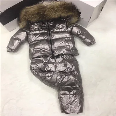 Детский пуховик комплект одежды для малышей, зимняя куртка для девочек и мальчиков, детская зимняя куртка высокого качества модный лыжный костюм с меховым воротником - Цвет: Серый