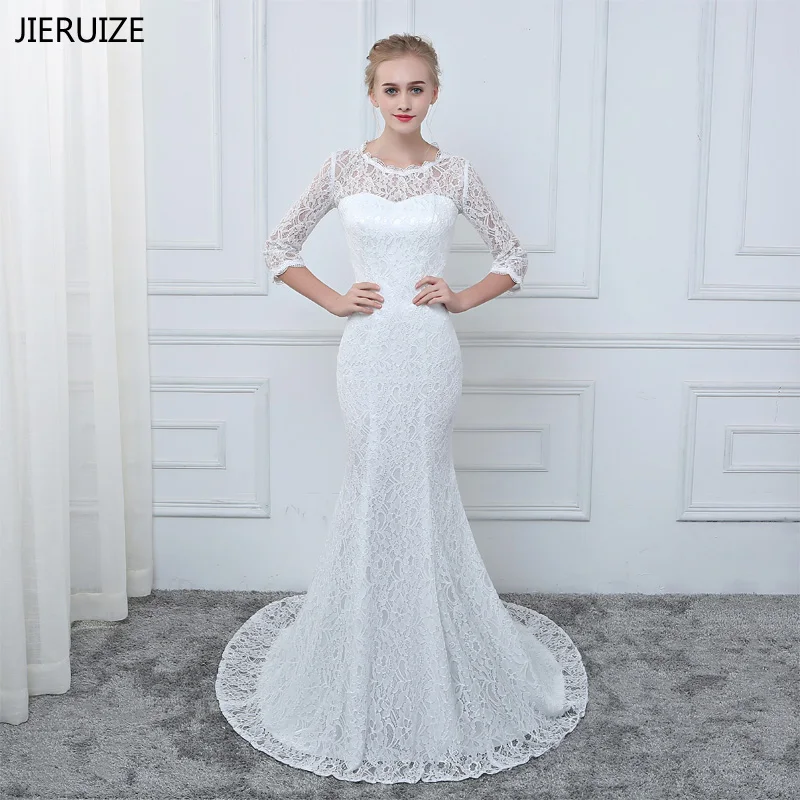 Женское свадебное платье-Русалка JIERUIZE белое кружевное платье с рукавами 3/4 |