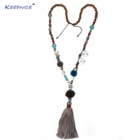 new ethnic pompoms pendants necklace pink cotton tassel long beaded chain necklace boho chic multicolor beads necklace