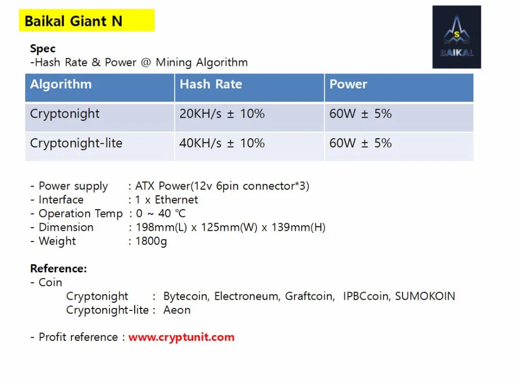 Baikal Giant N CryptoNight и Lite Miner 20 40KH/s 60W с низким уровнем шума высокая прибыль может