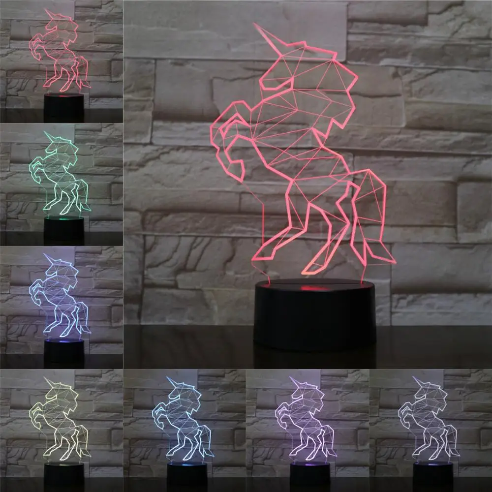 

Unicorn 3D Lamp Illusion Children's Night Light LED Bulb Multicolor Animal Horse Gift Kid Toy AA Battery Touch Base 2019 NEW